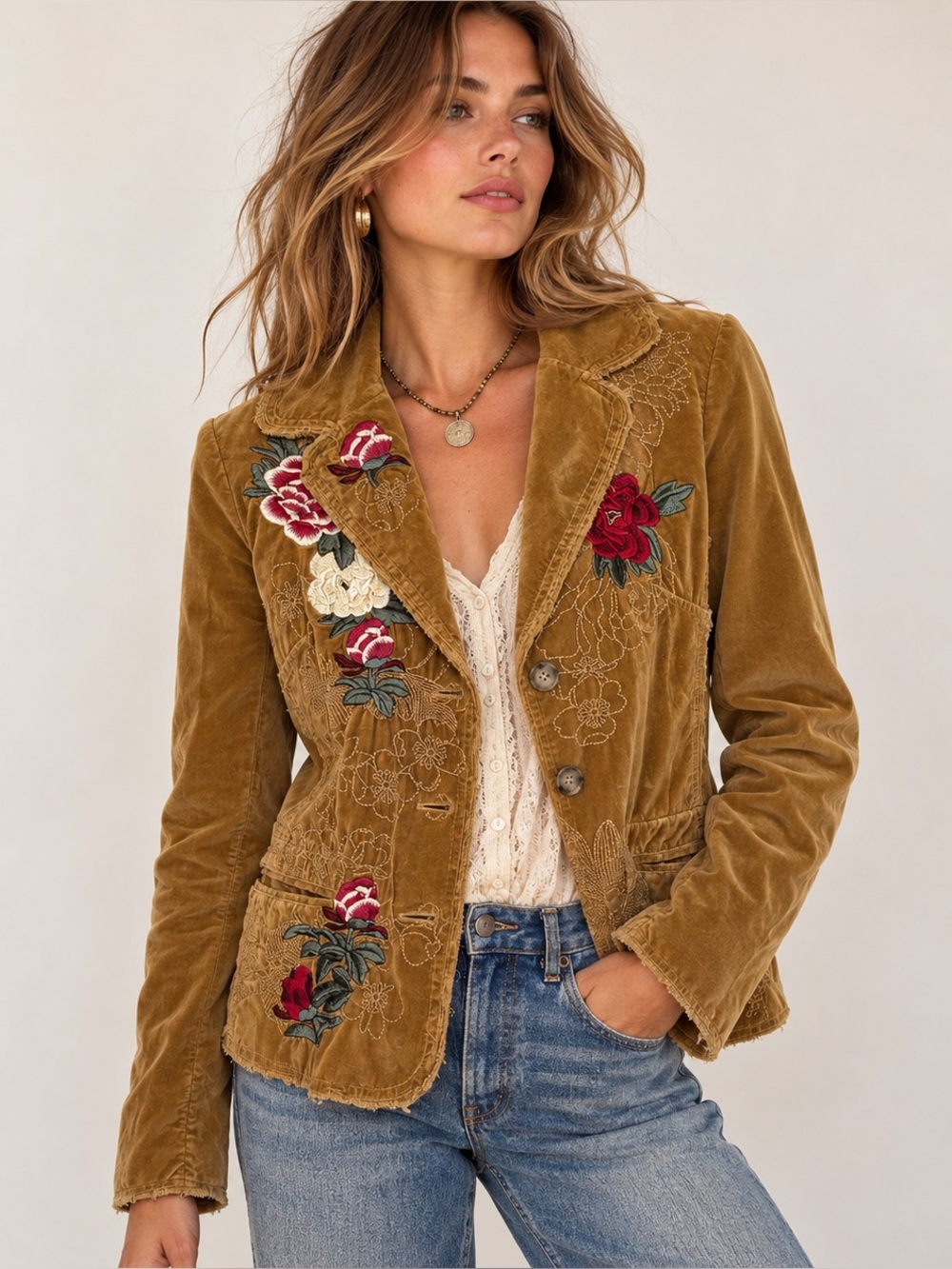Johnny Was Size L Velvet Brown Embroidered Floral Boho Blazer / Jacket